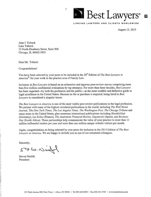 Letter to the attorney Alan J. Toback congratulating to be included in the 20th Edition of The Best Lawyers in America